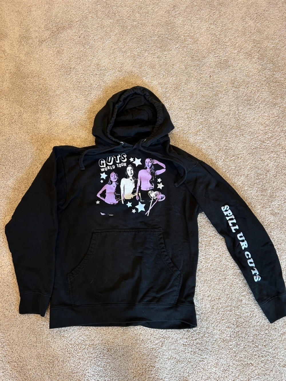 Olivia Rodrigo Black Graphic 'GUTS World Tour' Hoodie with Pink & White Print